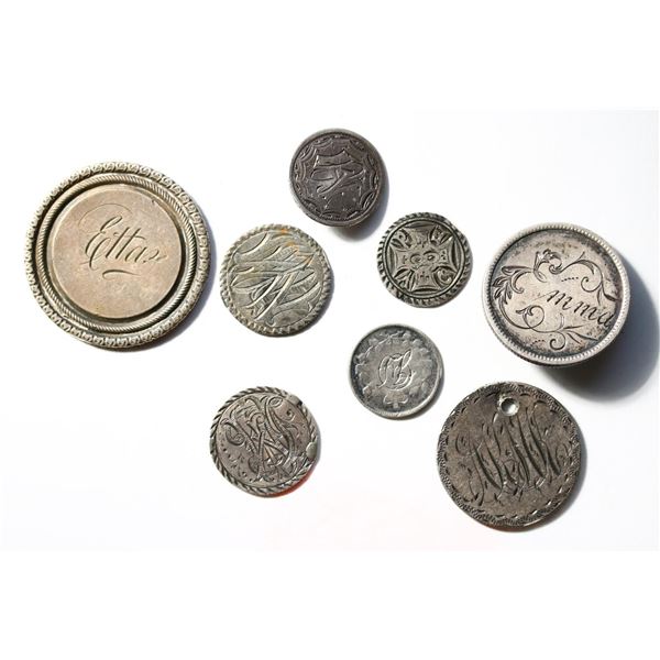 Love Token Lot; Group of 8 silver Love tokens from USA & Canada.