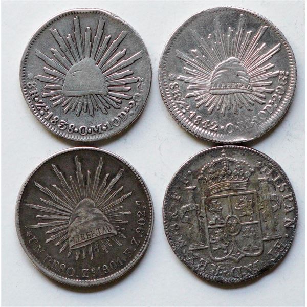 Mexico; Lot of 4 silver "8 Reales"  and Pesos.  Fine to EF.