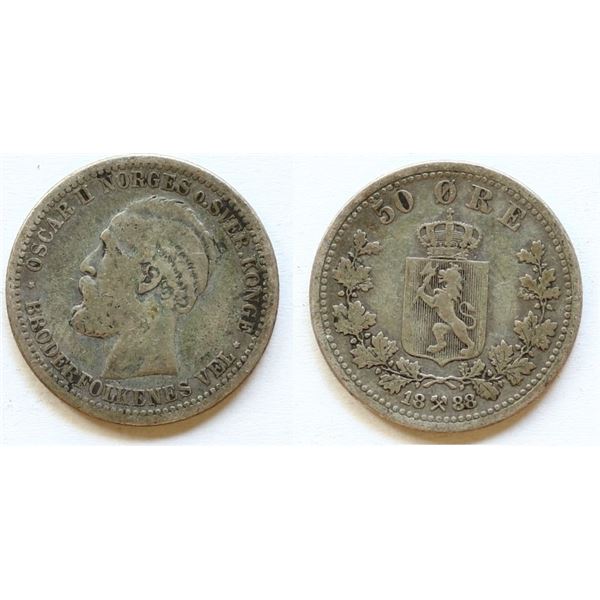 Norway; 1888 50 Ore, KM356 Fine.  Scarce.