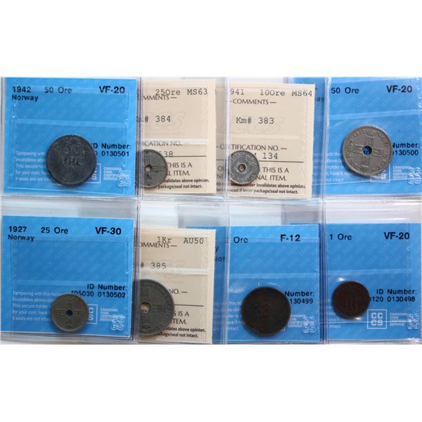Norway; Group of 8 certified pieces.  Includes various denominations, dates and grades.
