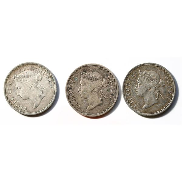 Straits Settlements; 1887, 1896 (2) 50 Cents KM13, Lot of 3 coins. F-VF+