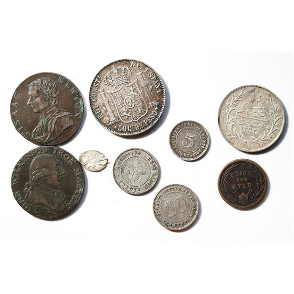 World Coin Lot; Assorted Group; British tokens, US Civil War token, World silver coins.  Group of 9 