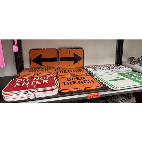 Multiple Signs: Do Not Enter, Detour, Open Trench, Workers Above, etc