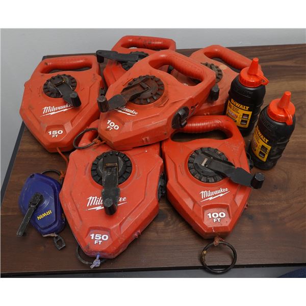 Qty 6 Milwaukee Measuring Tape & 2 DeWalt Red Chalk