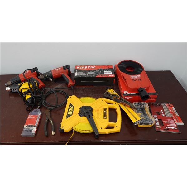Multiple Power Tools, Kipstal Dust Shroud, DeWalt Measuring Tape, Bits, etc