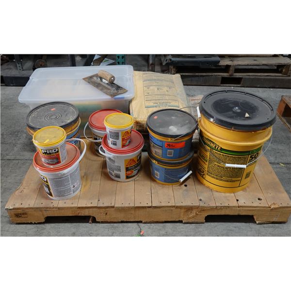 Contents of Pallet: Bags Concrete Mix, Sika Pro Select Stucco Patch, Quikrete Concrete Patch, etc