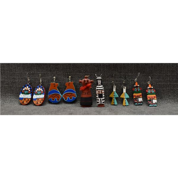 SIX HOPI WOODEN EARRINGS AND MINIATURE KACHINAS