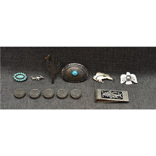 COLLECTION OF PINS BUTTON COVERS AND MONEY CLIP