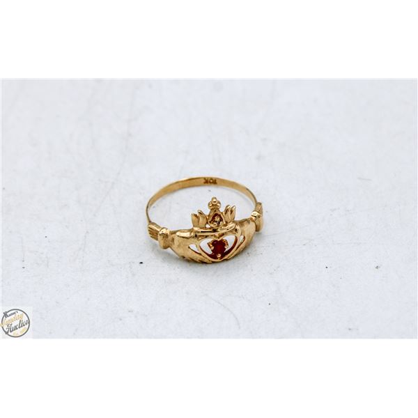 ANTIQUE 10K GOLD RING W RUBY HEART & CROWN