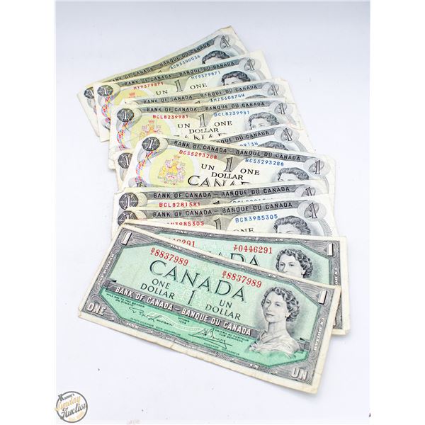 LOT OF VINTAGE CANADA 1 DOLLAR BILLS