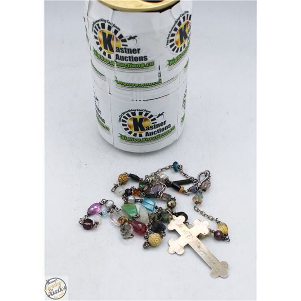 ANTIQUE BEADED NECKLACE WITH SILVER CROSS