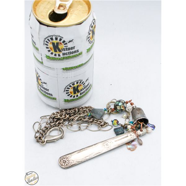 ARTIST MADE NECKLACE WITH ANTIQUE SILVER, THIMBLE