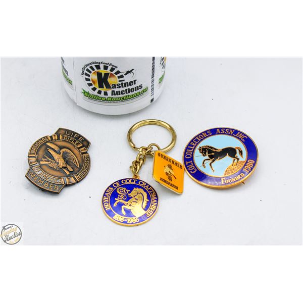 LOT OF VINTAGE COLT AND NRA GUN BADGES