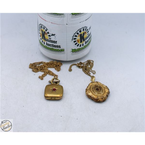 PAIR ANTIQUE GOLD TONE LOCKETS W CHAIN