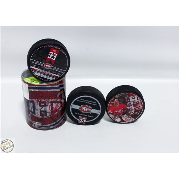 3 MONTREAL CANADIANS PATRICK ROY GAME PUCKS