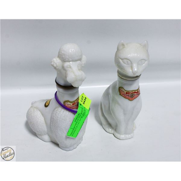 VINTAGE 1970 GLASS WHITE POODLE & CAT ROSE DECANTE