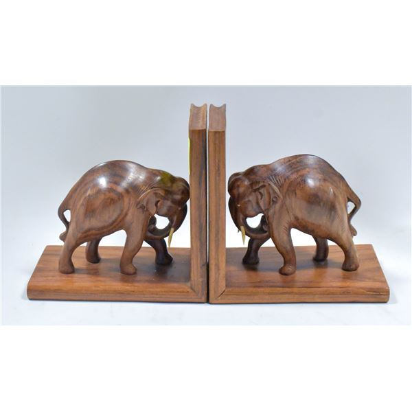 PAIR CARVED WOOD ELEPHANT BOOK ENDS