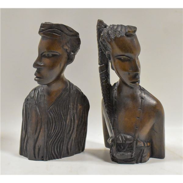 PAIR VINTAGE WOOD CARVED FIGURAL BUSTS