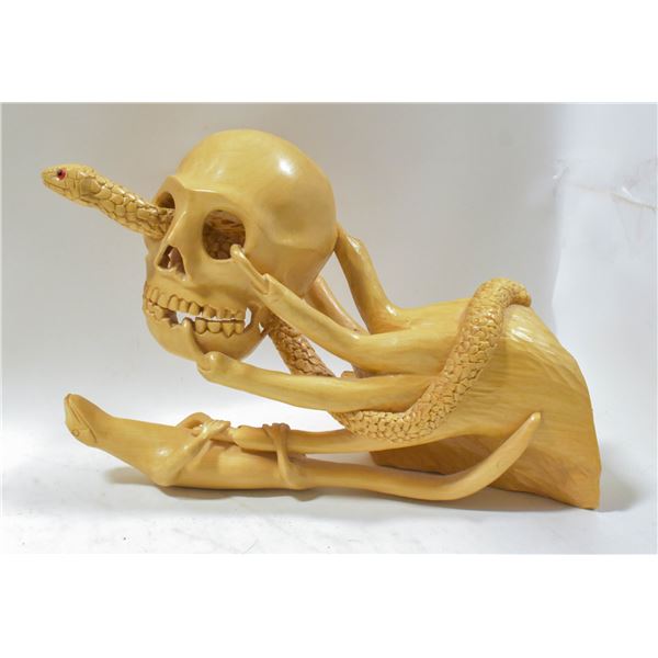 SIGNED WOOD CARVED SKULL & SNAKE STATUE