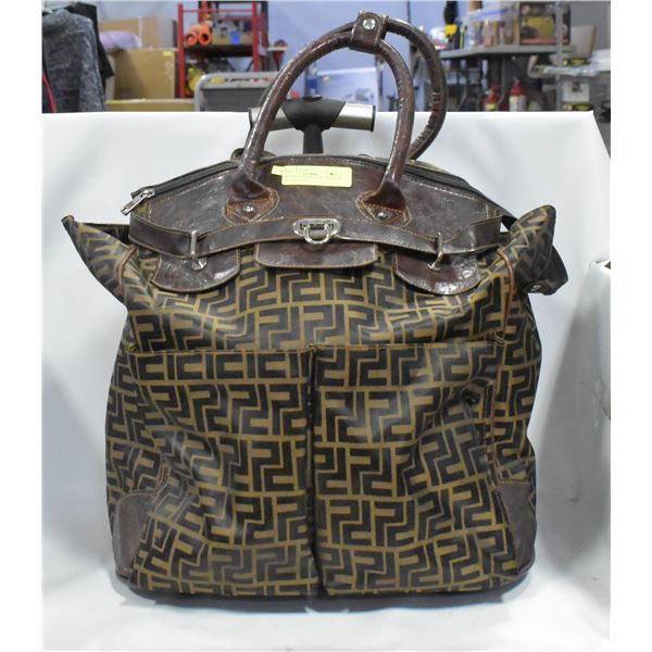 DESIGNER ROLLING 17 INCH BROWN & PLEATHER BAG