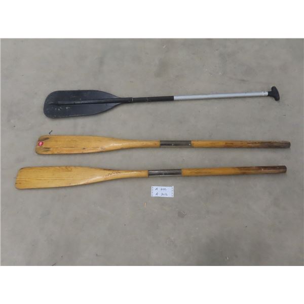 Two Wooden Oars and Plastic Paddle