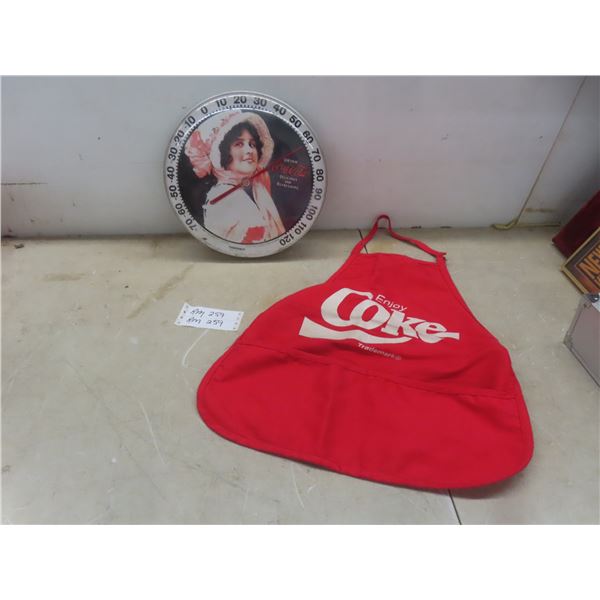 1984 Coca-Cola Thermometer, 12" Diameter (Damage on Plastic Face) and Coke Apron