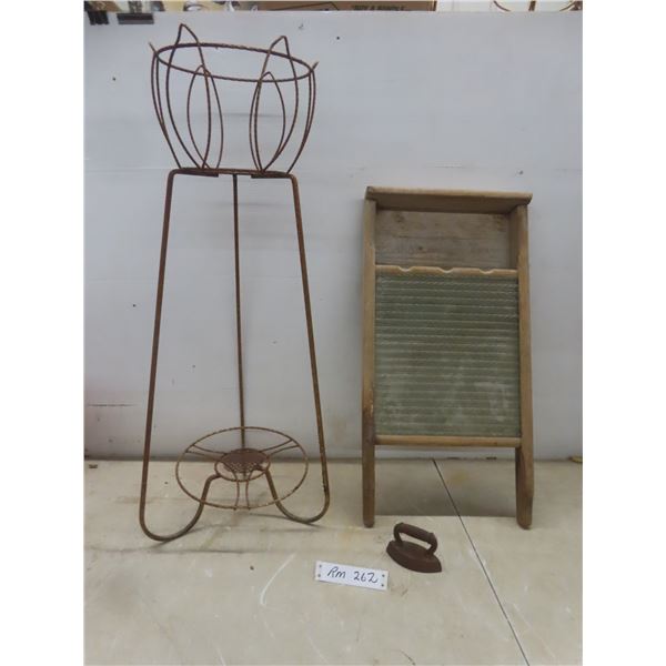 Wash Board, Metal Plant Stand, and 3 1/2" Cast Clothes Iron (Plant Stand Base Needs Repair)