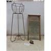 Image 1 : Wash Board, Metal Plant Stand, and 3 1/2" Cast Clothes Iron (Plant Stand Base Needs Repair)