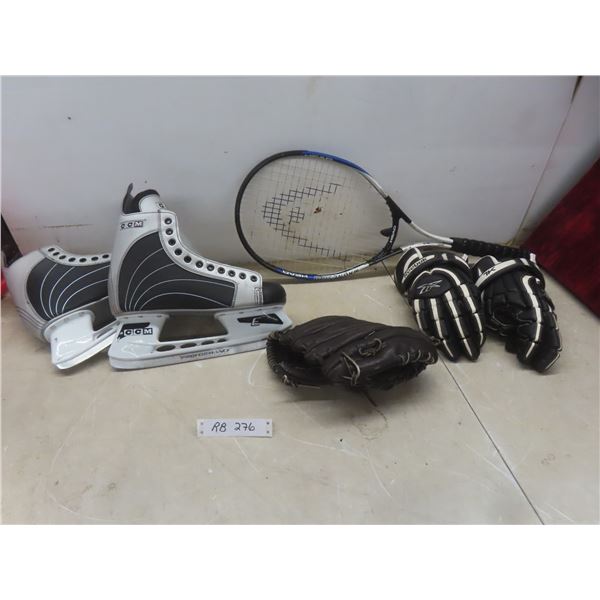 Men’s Sports Lot: CCM Skates Size 11, Reebok Hockey Gloves, Tennis Racket, and Baseball Glove