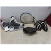 Image 1 : Men’s Sports Lot: CCM Skates Size 11, Reebok Hockey Gloves, Tennis Racket, and Baseball Glove