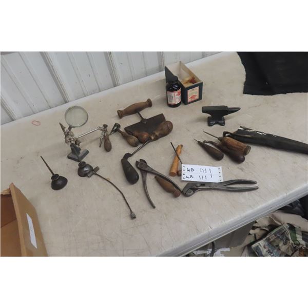 Vintage Leather Tools & Magnifying Vise