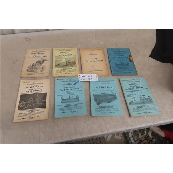 8 Vintage Old Farm Machinery Manuals, Massey Harris Implements, Rakes, Mowers, Hay Loader