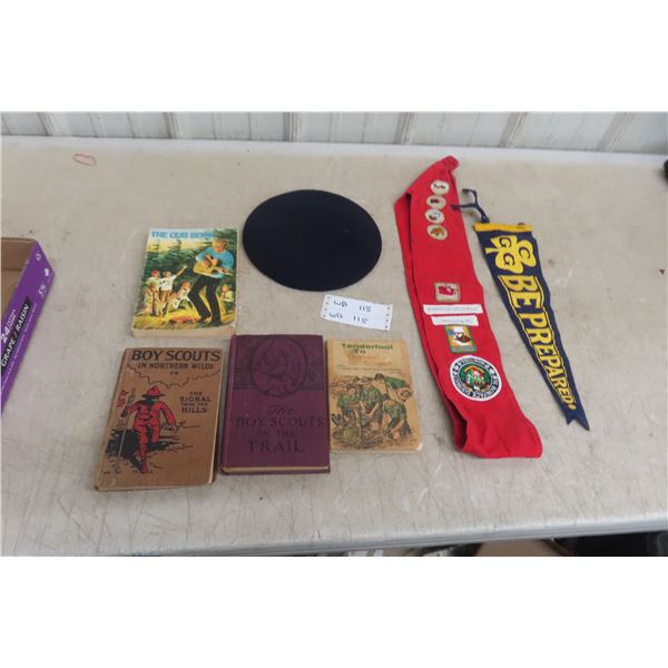 4 Vintage Boy Scouts Books, Hat, Vest & Felt Pennant