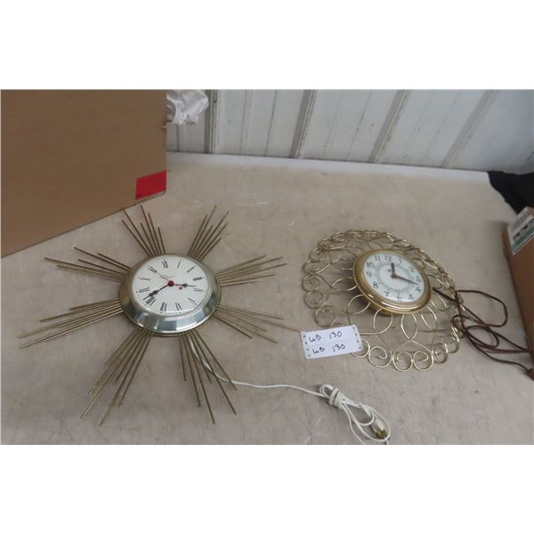2 Vintage Starburst Mid Century Electric Wall Clocks - Working - 1 United 1 Ingraham 