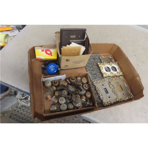 Vintage Art Deco Electrical Outlet Plates, Fuses & Cast Rollers