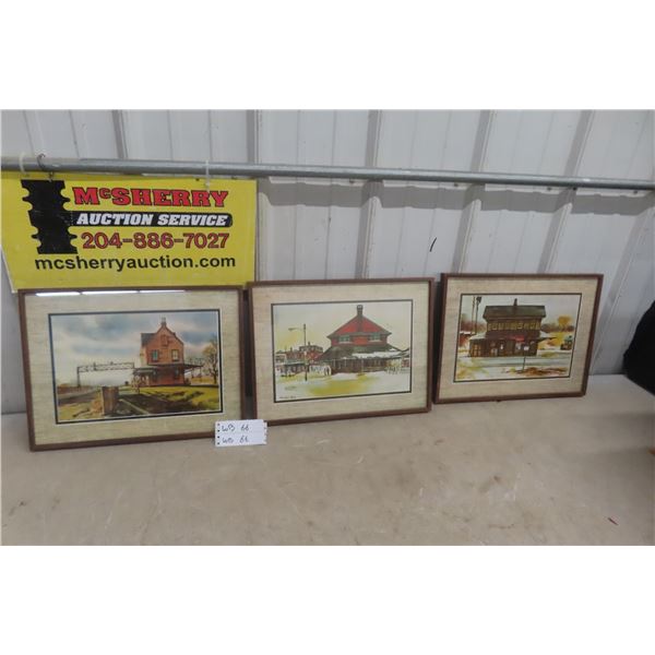 Vintage R. Bye Glass Framed & Matted Water Colour Print of Train Stations 12" x 16"