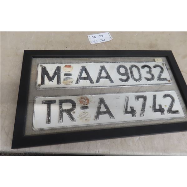 2 Vintage European Metal Licence Plates Nicely Framed. 