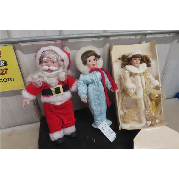 2 Porcelain Dolls. Just in Time for Christmas. / Porcelain Santa Claus. Stands Up 19 Inches.