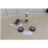 Image 1 : Sakic/MacInnis Figurines and 2 Hockey Pucks