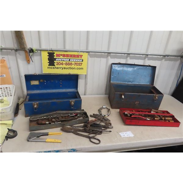 2 Metal Tool Boxes & Odd Tools, Rusty; Sockets; Drill Bits; Cutters; Pliers and More