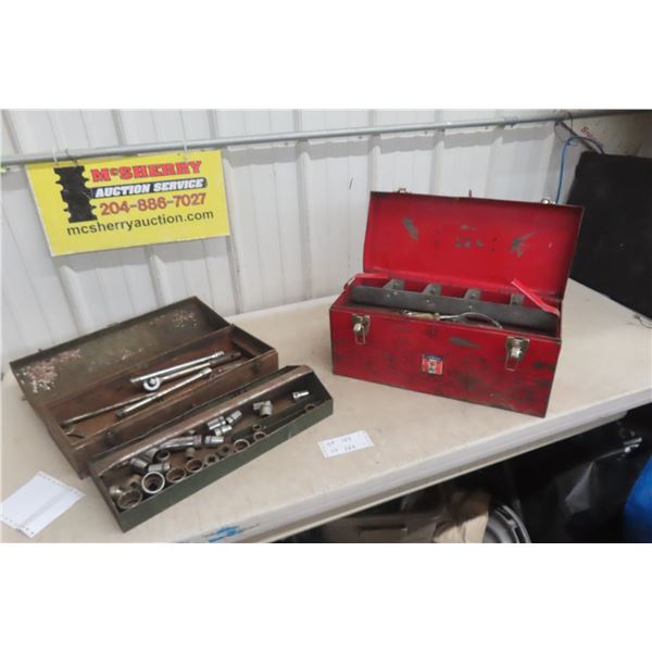 2x Metal Tool Boxes - 1/2" Sockets; Ratchet Extensions; Plus Odd Tools