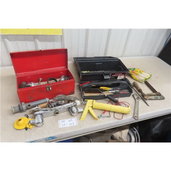 2x Tool Boxes, Hardware, Clamps, Cutlery, Glue, Screwdrivers, Pliers & Plumbing Supply