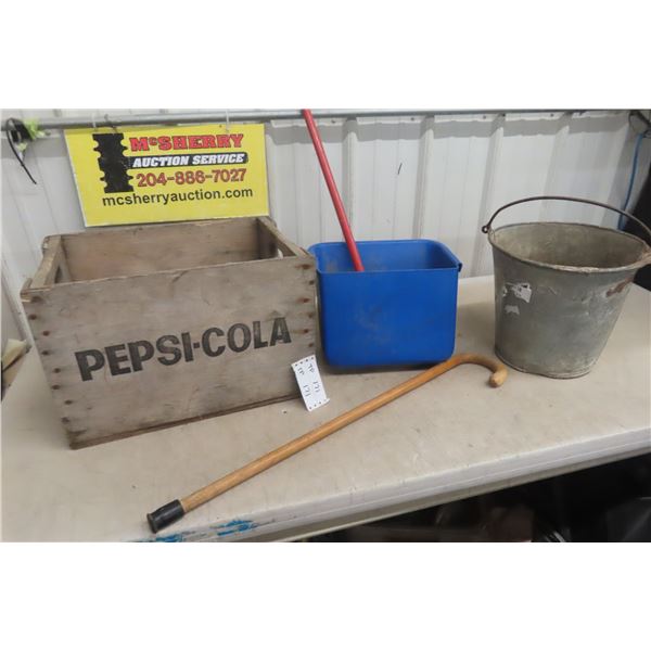 Wooden Pepsi Crate, Cane, CN Bucket, Squeege and Bucket