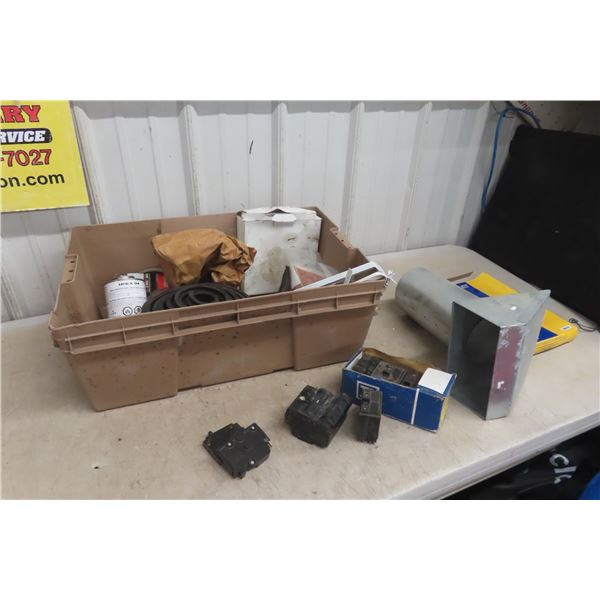 Tub with Misc Materials - Duct Vent/PVC Cement/Breakers/Auto Filter and More