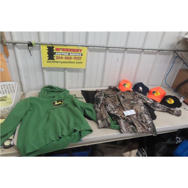 John Deere Hoody, Camo Shirt, 3 Bass Pro Hats, 1 Blue Bombers Hat