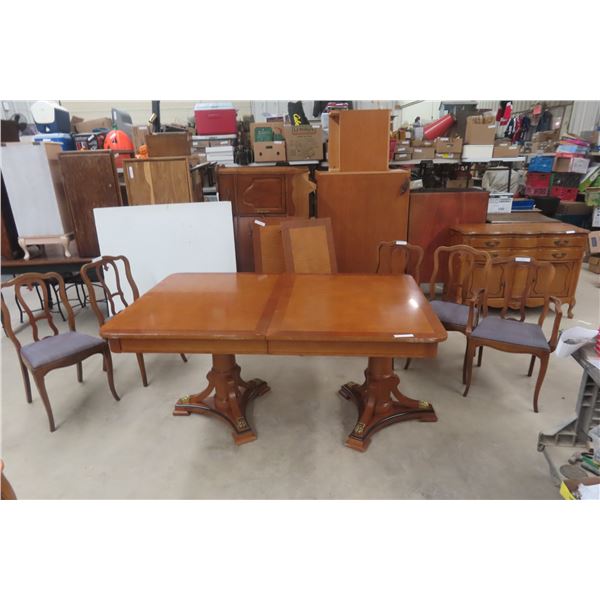Table Double Pedestal 30" x 68" x 44" + 2 Leafs 18" Each + 5 Chairs