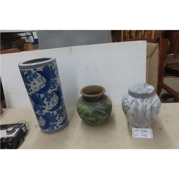 Set of Two Vases and One Urn, Largest 17" Tall x 8" Diameter