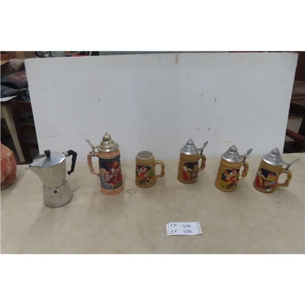 5 x Steins/Mugs and Aluminum Tea Pot