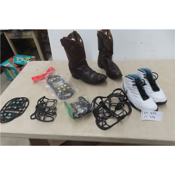 Five Pairs Slip Shoe Grips, Cowboy Boots, and Runner Size 8