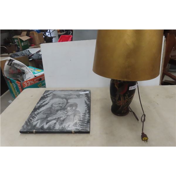Table Lamp and Metal Art Picture, 21" x 18"